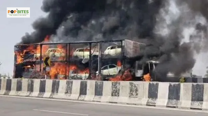 container truck catches fire 8 new cars destroyed