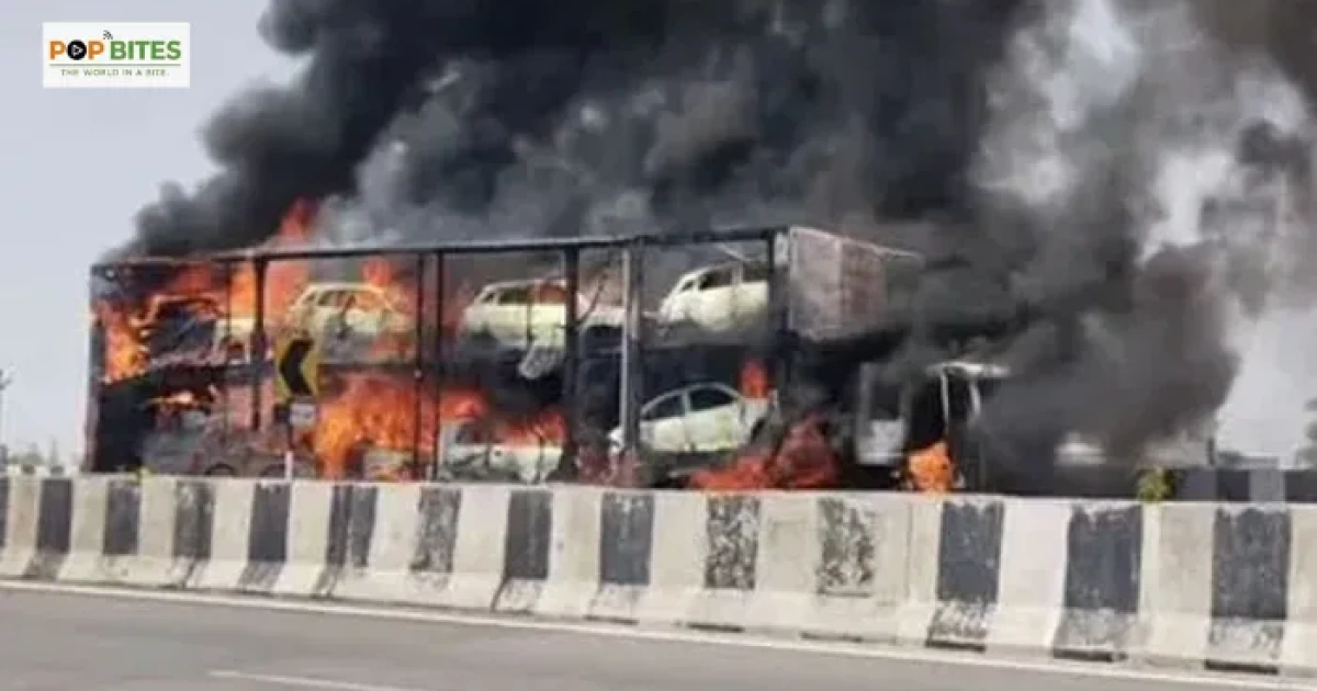 container truck catches fire 8 new cars destroyed